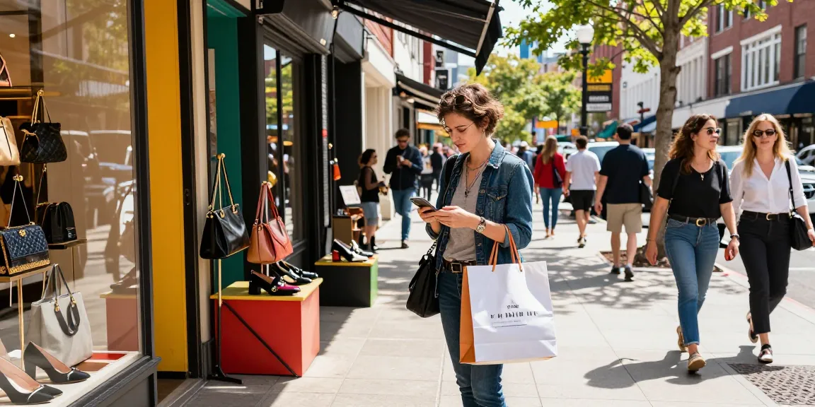Fashionable shopper exploring a 레플리카 쇼핑몰 in vibrant urban setting with boutique displays.