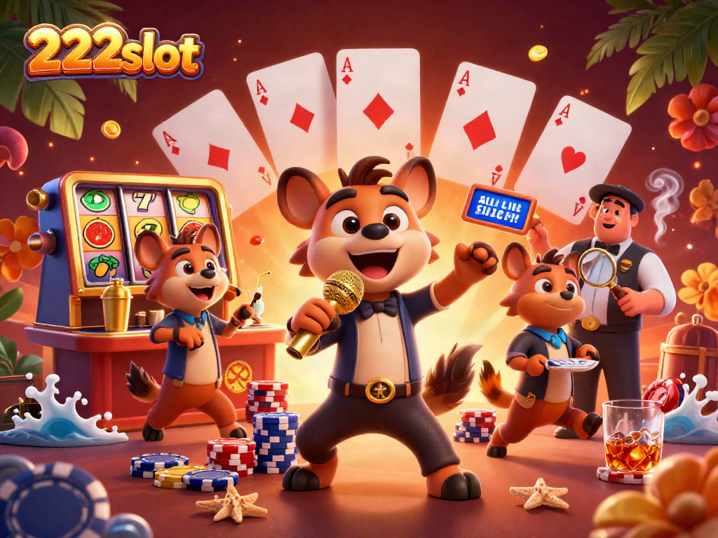 Hyena berdandan di kasino komedi 222slot, menunjukkan suasana permainan slot yang dinamis.