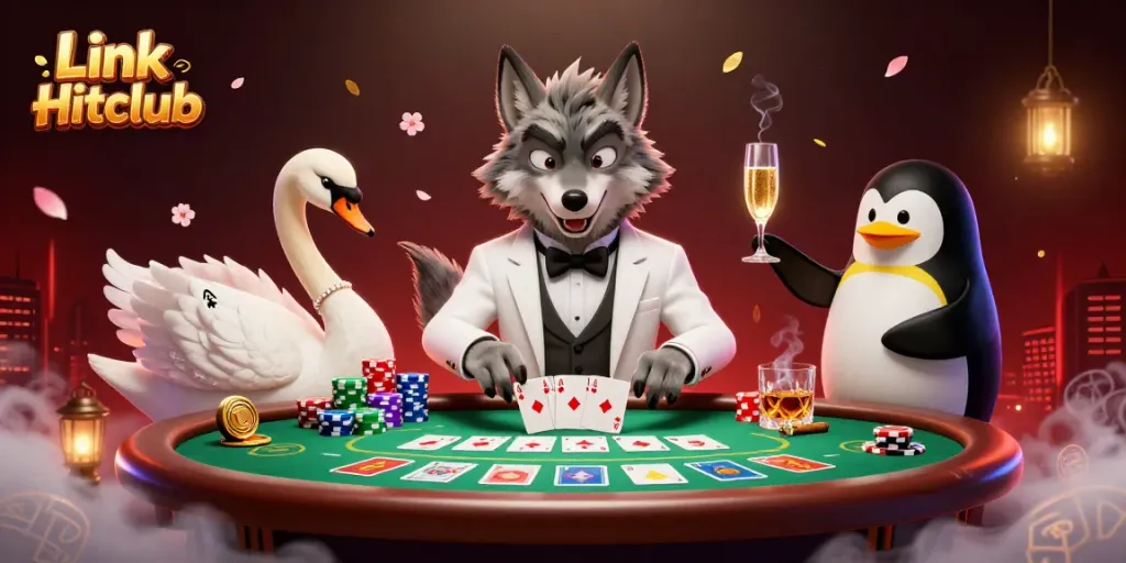 Win big at Link Hitclub with stylish characters enjoying card games at an elegant casino table.