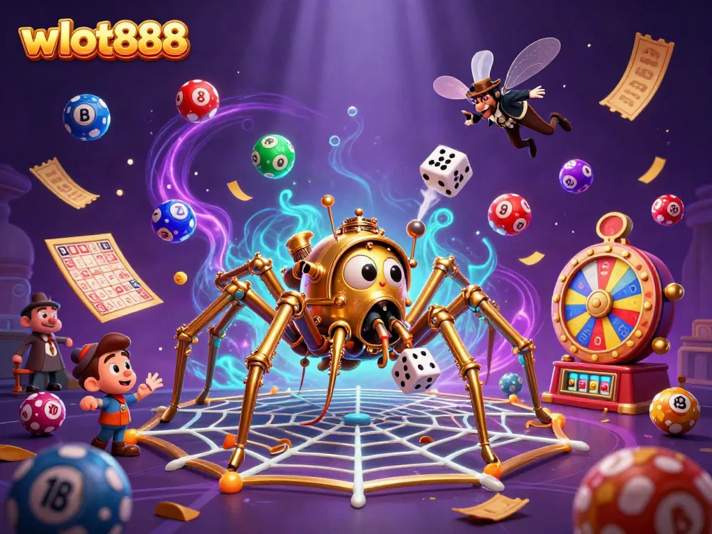 Wslot888, ilustrasi steampunk interaktif dengan laba-laba, dadu, dan bola lotere berwarna.