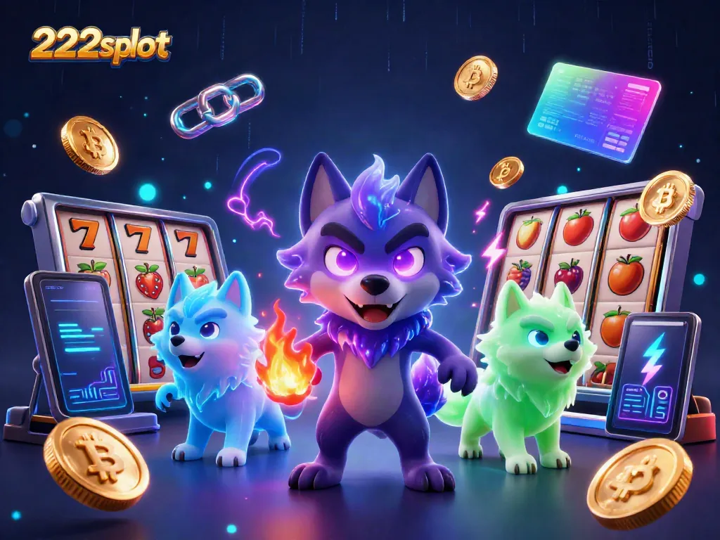 Menggandakan pengalaman bermain di 222slot dengan karakter serigala dan simbol slot yang berkilau.