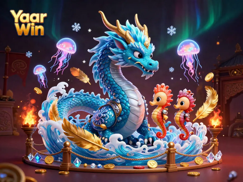 Yaar Win players enjoy fast-paced gaming with the vibrant dragon, seahorse knight, and jellyfish in a casino atmosphere.