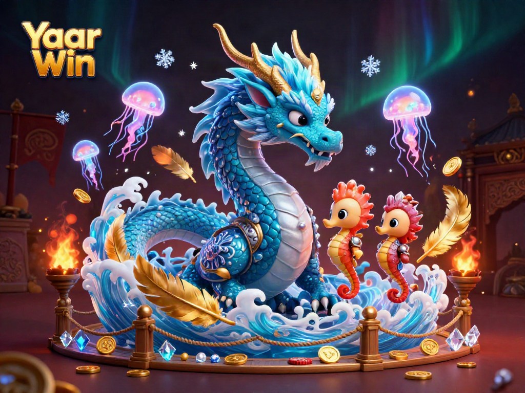 Yaar Win players enjoy fast-paced gaming with the vibrant dragon, seahorse knight, and jellyfish in a casino atmosphere.
