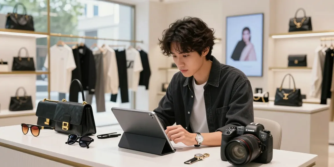Discovering high-quality 명품 레플리카 handbags in a trendy urban e-commerce setting, showcasing stylish accessories.