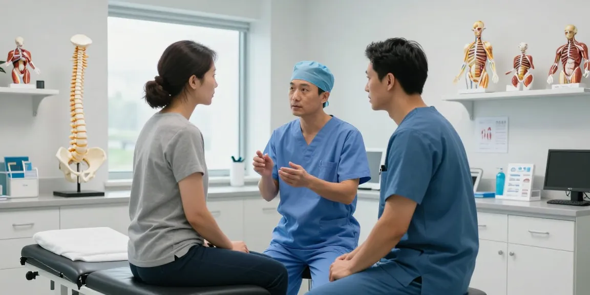 Boyun fıtığı ameliyatı consultation with patient and surgeon in a modern clinic