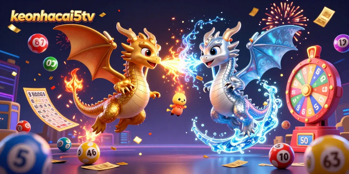 Engage with lottery excitement at keonhacai5tv, featuring dynamic dragons and vibrant gaming elements.