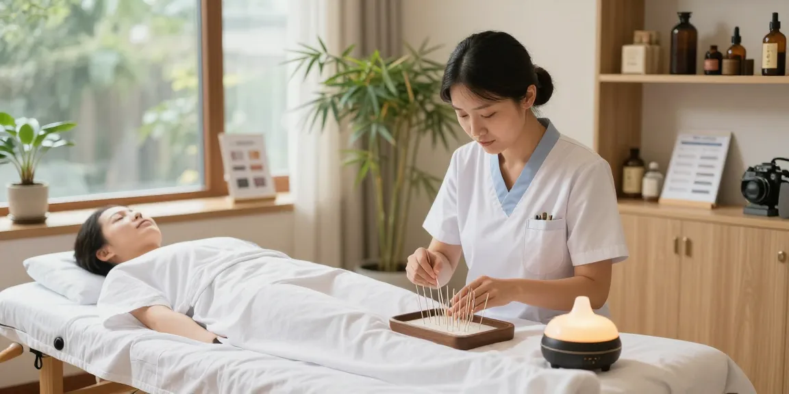 Healing session at 영통한의원 showcasing acupuncture treatment in serene clinic environment.