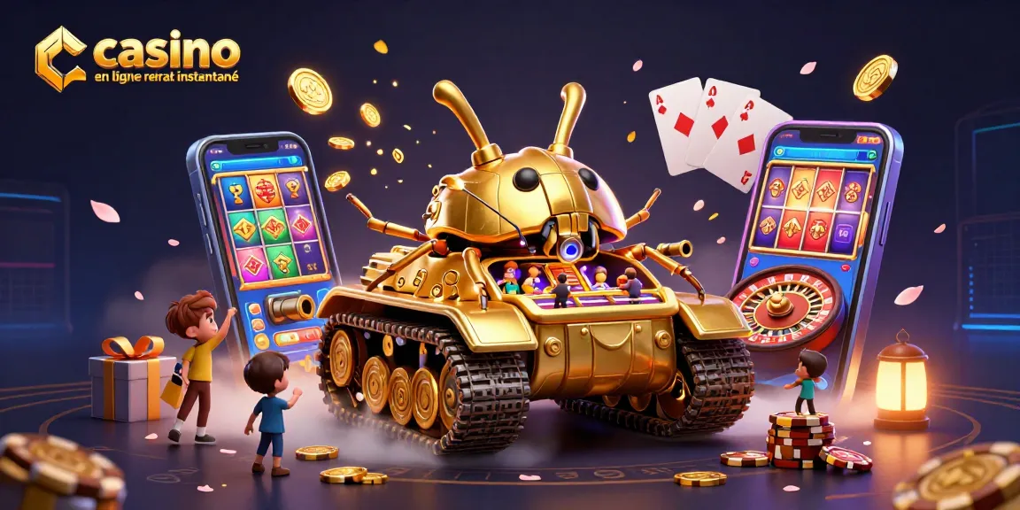 Magnifique illustration 3D d'un casino en ligne retrait instantané avec un tank scarabée doré et des éléments de jeu animés.