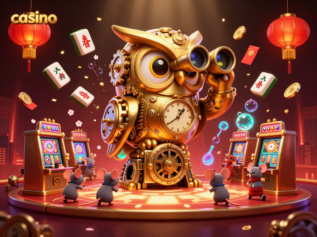 Experience thrilling casino action with a clockwork owl overseeing bustling gaming tables and festive elements.