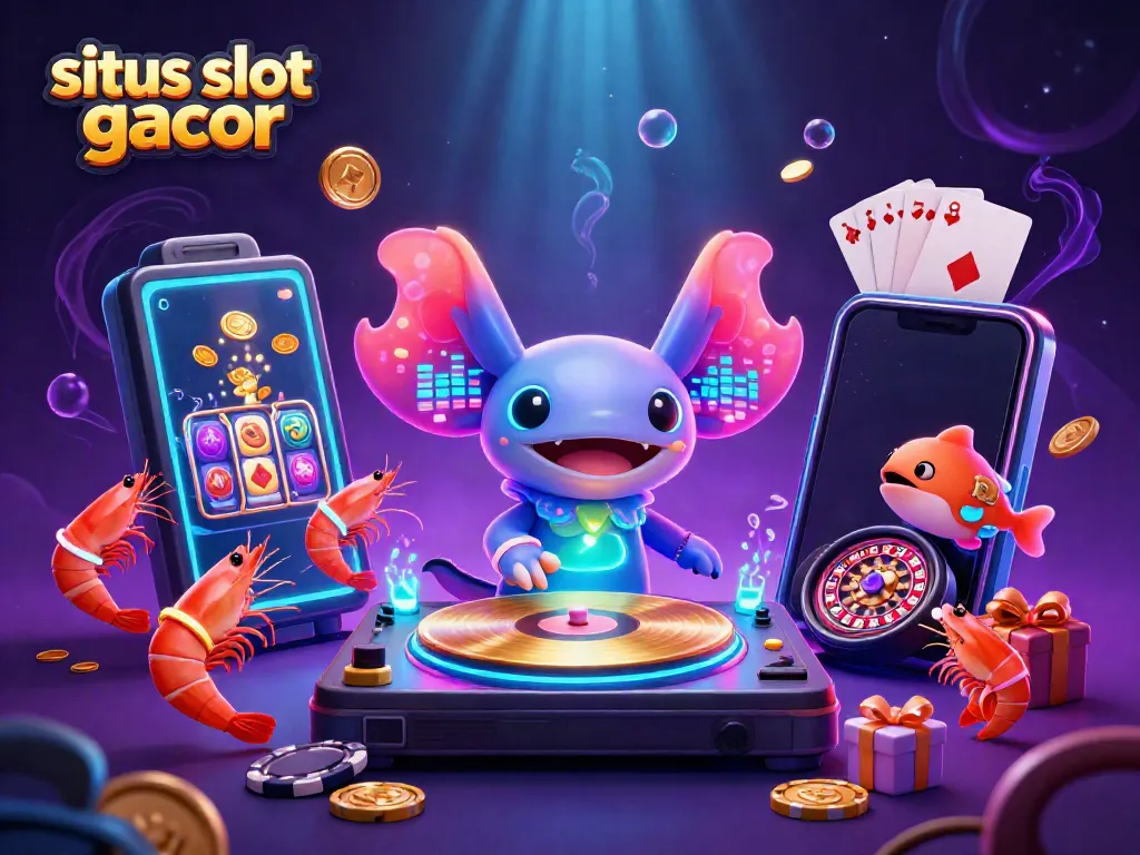 Ilustrasi situs slot gacor menampilkan DJ axolotl neon dan udang menari di latar bawah laut.