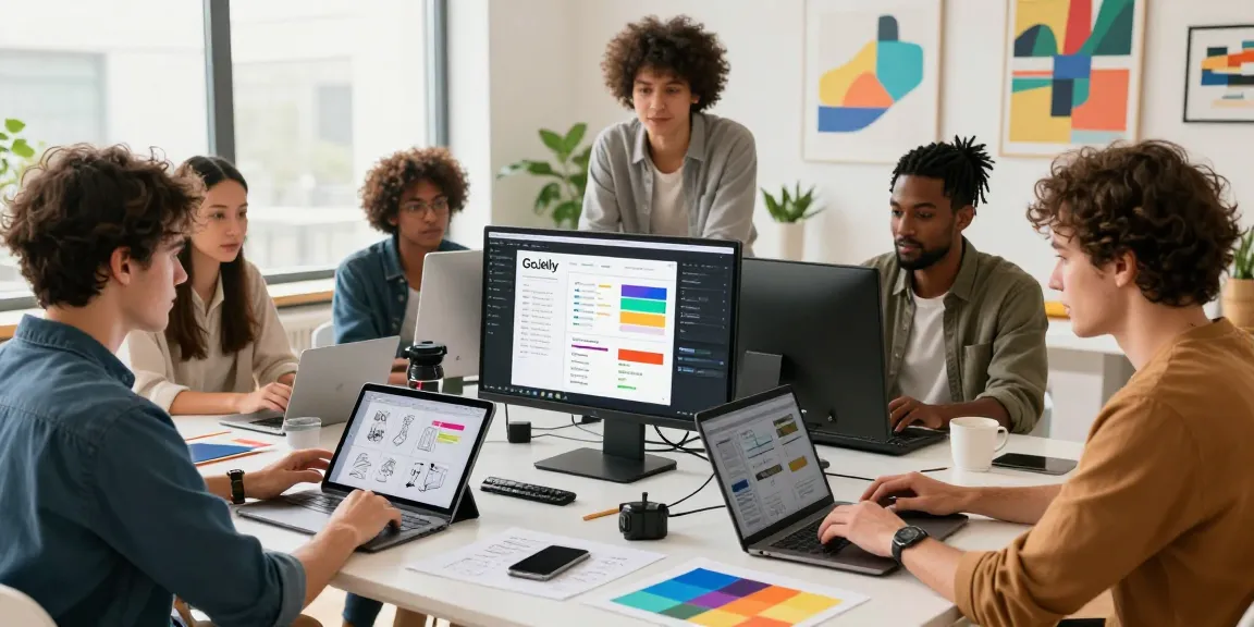 Team collaborating on mixboard ai in a bright workspace with digital devices and moodboards.