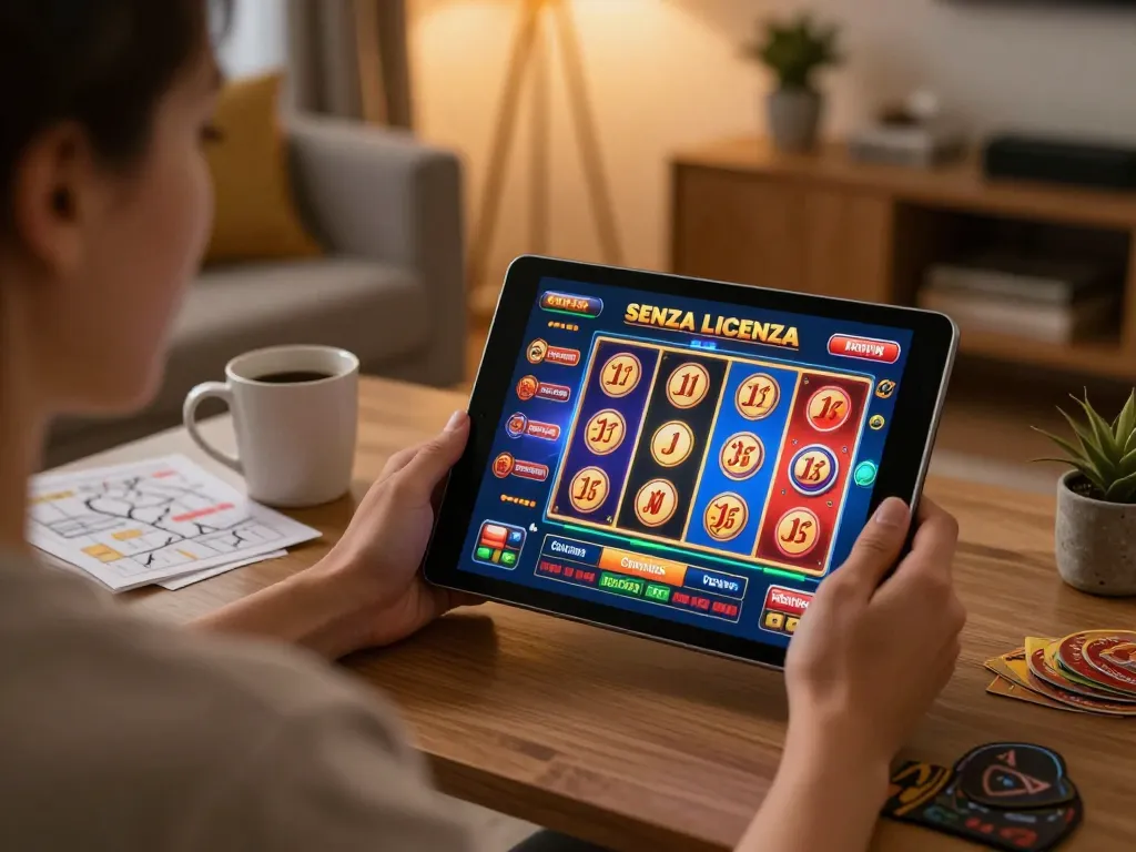 Engaging player enjoying casino senza licenza adm games on tablet in cozy home setting.