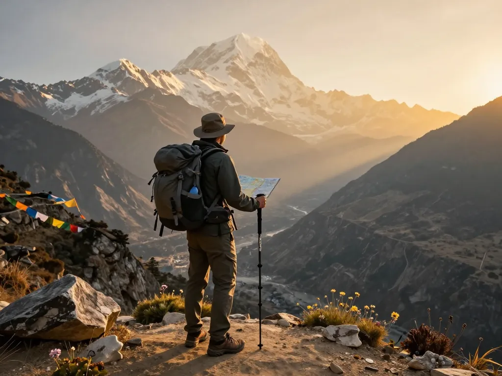 Trekking the Annapurna Circuit at sunset, traveler gazing over scenic mountains and valleys with trek to annapurna circuit experience.