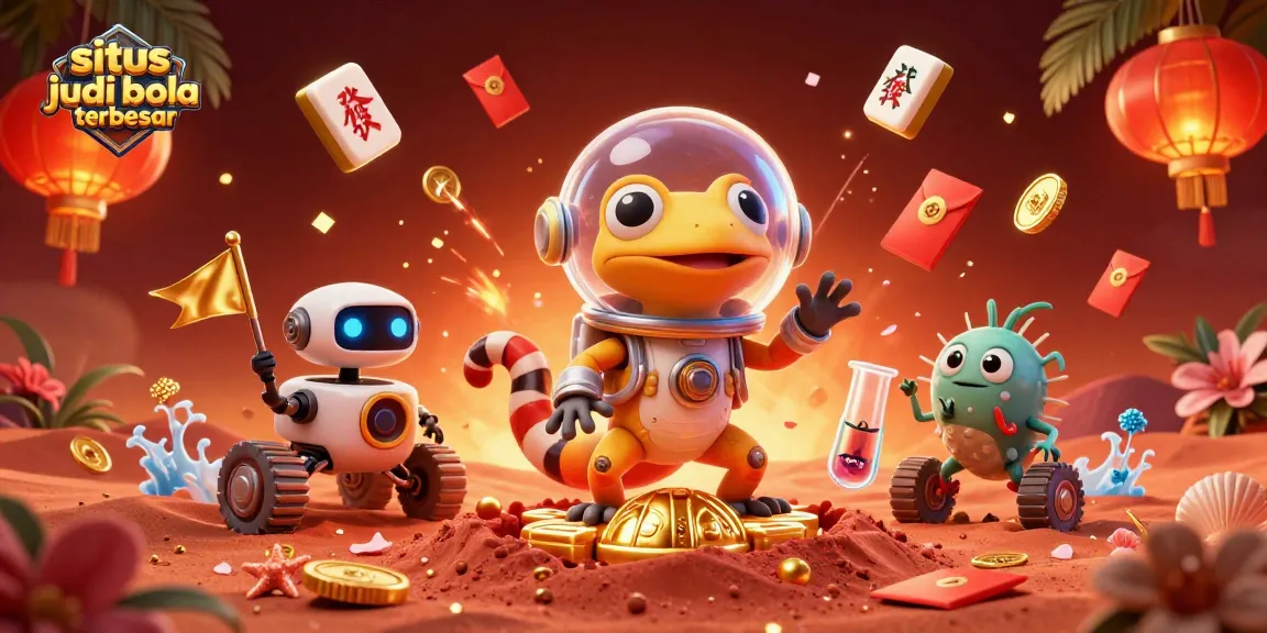 Delight in the vibrant scene with the situs judi bola terbesar showcased, featuring a Martian gecko exploring a golden casino.