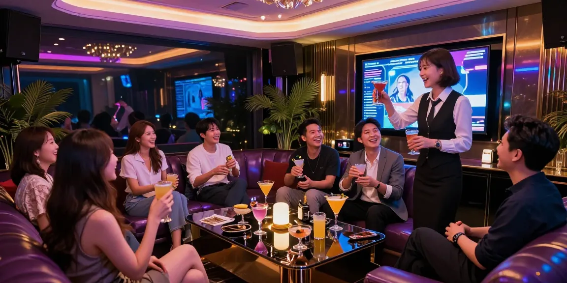 Enjoying a luxurious experience at 강남가라오케 with friends, vibrant atmosphere, private rooms, and friendly service.
