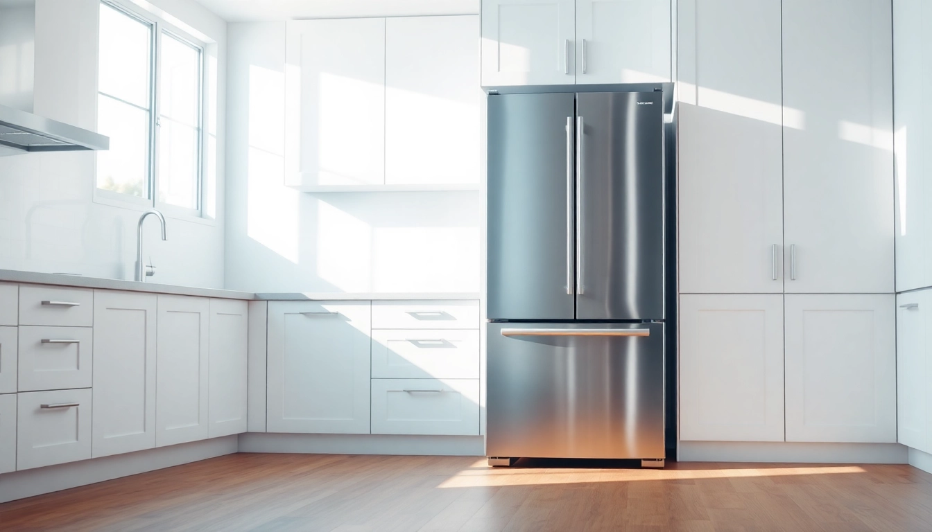 Modern stainless steel freezer showcased in a bright kitchen setting with warm undertones.