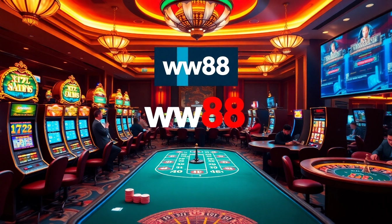 Engaging scene of players enjoying games at ww88 casino, featuring poker chips and slot machines.
