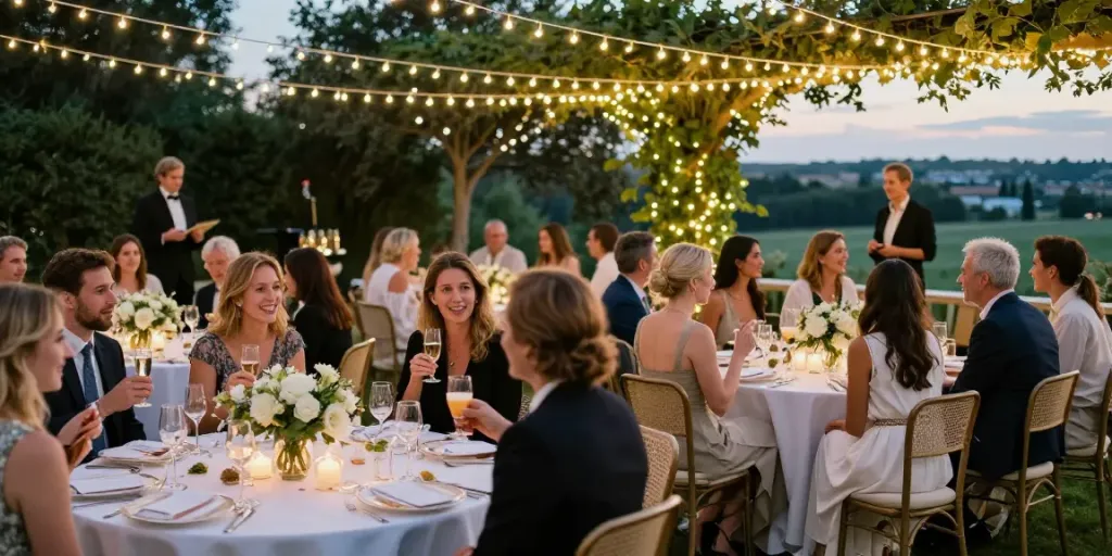 Event rentals for a wedding reception featuring elegant tables, lights, and decorations.