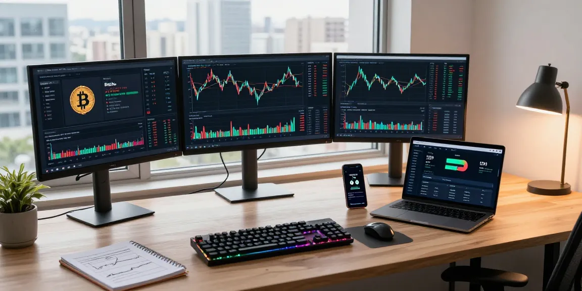 Cloud mining site visual in a professional cryptocurrency trading workspace with advanced monitoring technology and modern aesthetic.