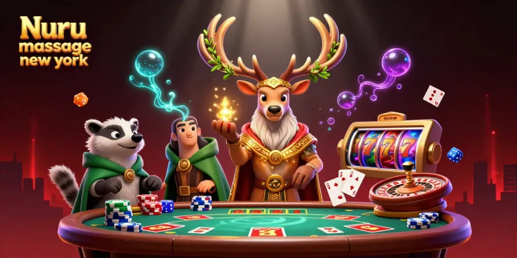 Nuru massage new york casino scene showcasing immersive poker and slot reel action with dynamic characters