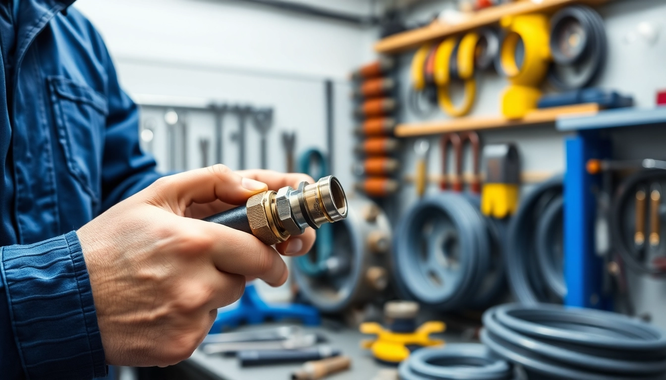 Technician performing hydraulic hose repair with tools in a professional setting