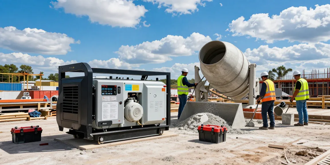 Diesel generator powering construction tools at an active job site, showcasing industrial productivity.