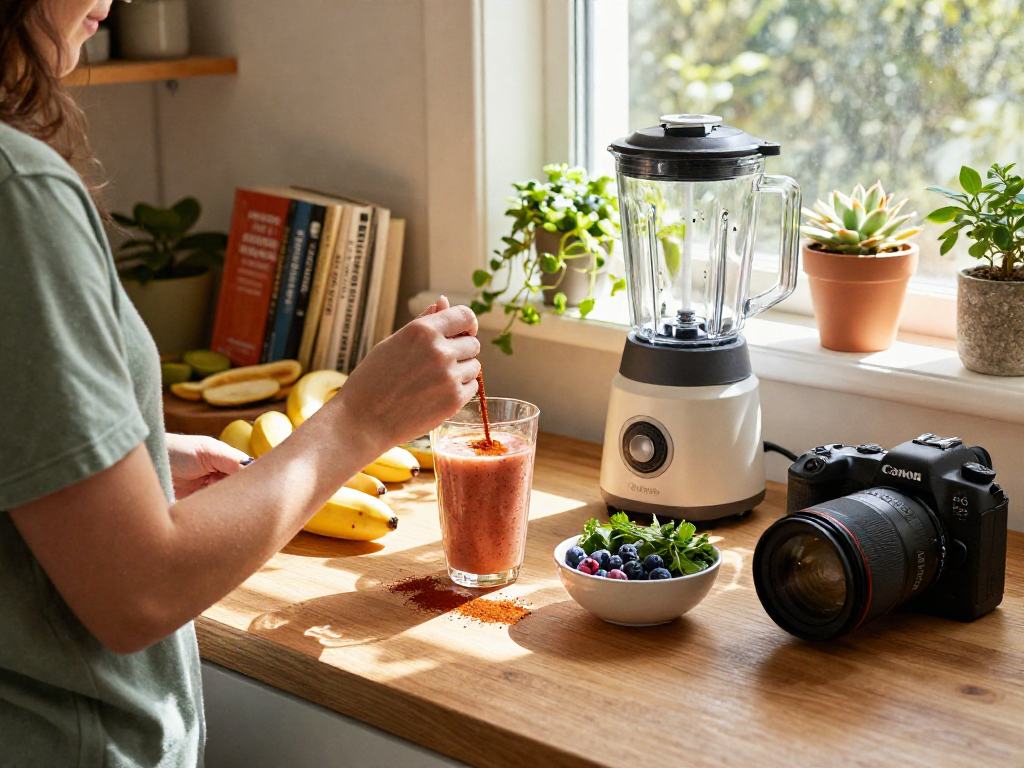 Preparing a smoothie with vegan astaxanthin supplement in a bright kitchen.