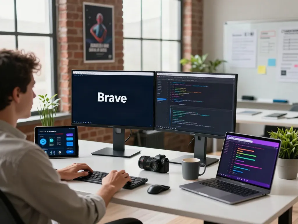 Developer at modern workspace coding for brave浏览器 with dual monitors and tech gadgets.
