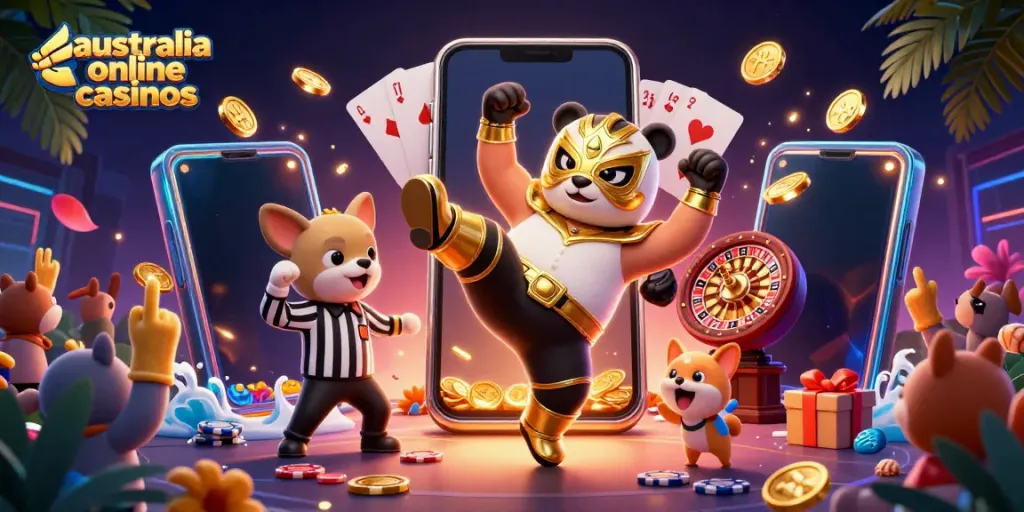 Witness the excitement of australia online casinos with a panda wrestler and a chihuahua referee in a vibrant 3D scene.