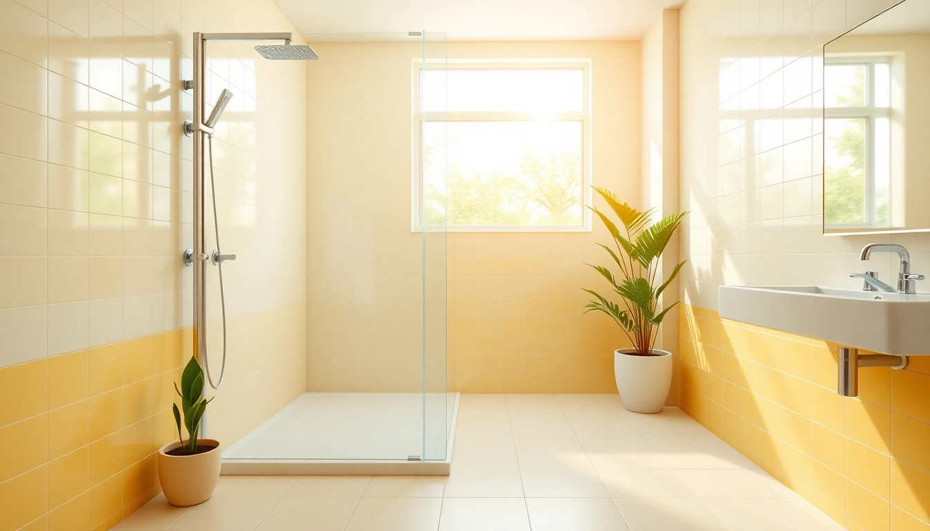 Transform your bathroom with a sunny shower USA, featuring bright tiles and modern design elements.