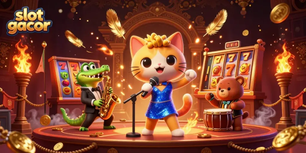 Spin the reels on slot gacor while enjoying a vibrant casino scene featuring lively characters.