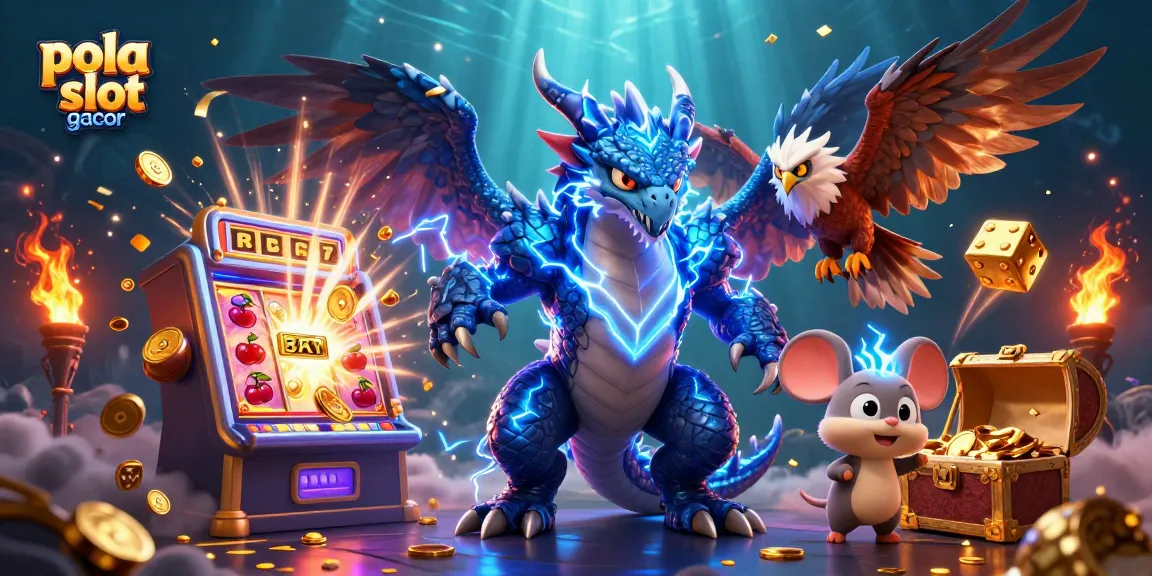 Pola slot gacor highlights winning moments with dynamic 3D characters and vibrant casino elements.