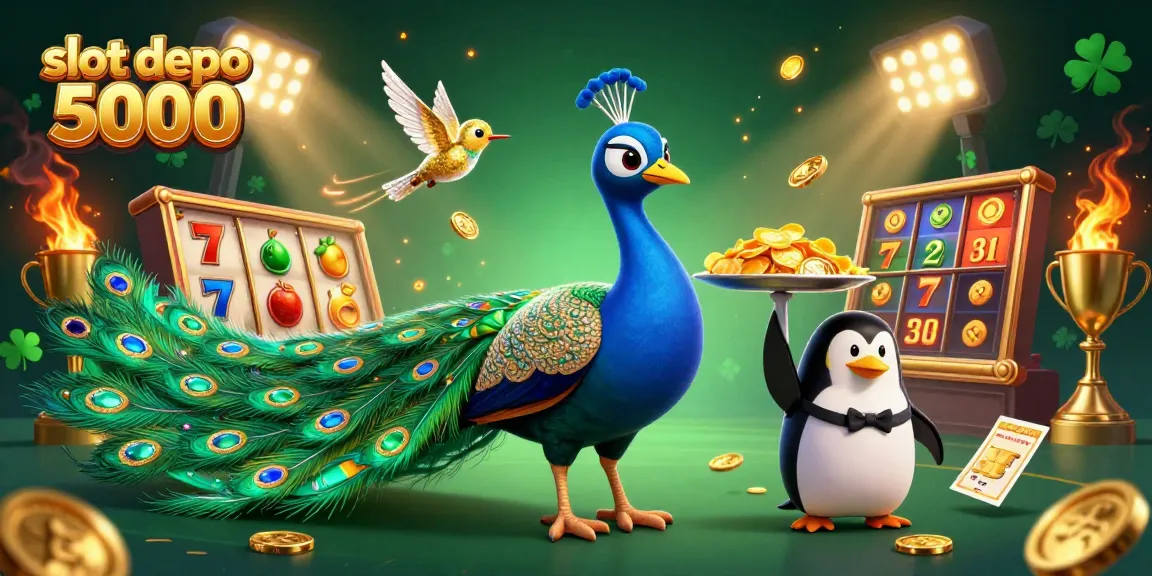 Experience thrilling wins with slot depo 5000, capturing vibrant peacock and playful penguin in an engaging casino scene.