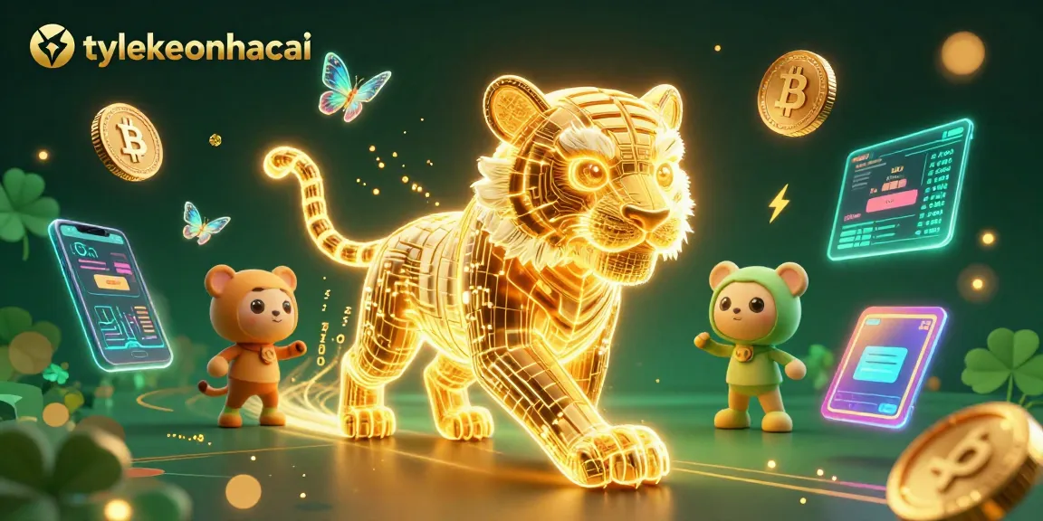 Experience excitement with tylekeonhacai in this vibrant 3D casino landscape featuring golden tigers and crypto coins.