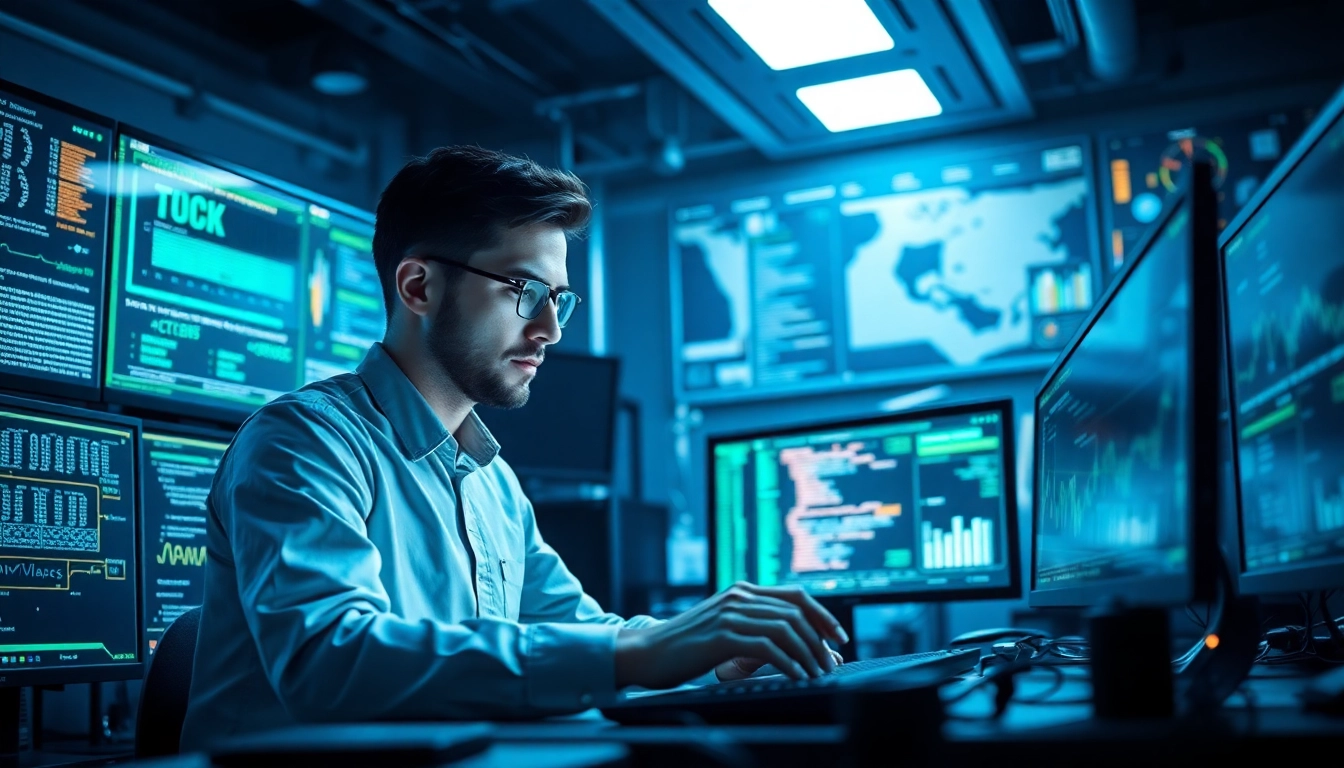 Dynamic software engineering workspace with coding screens and charts.
