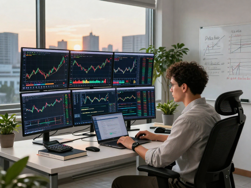 交易员在现代办公环境中使用MetaTrader 5进行市场分析，显示股票和外汇数据。