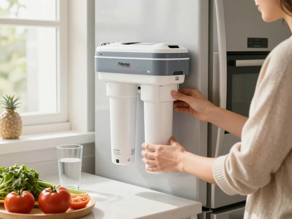 Installing Filterlogic FL-RF13 Replacement for GE® MWF® water filter in a bright kitchen, showcasing benefits of clean drinking water.