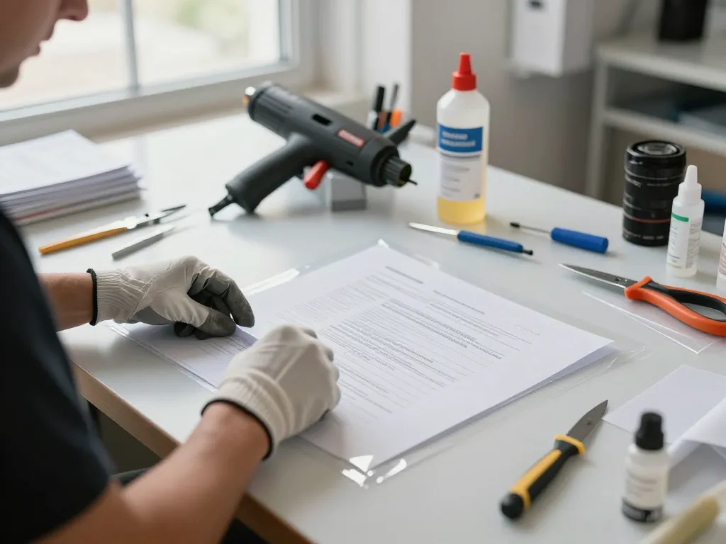 Kỹ thuật viên chuyên nghiệp cẩn thận bóc nhựa từ tài liệu laminate, đảm bảo không gây hư hại cho mực hoặc giấy.