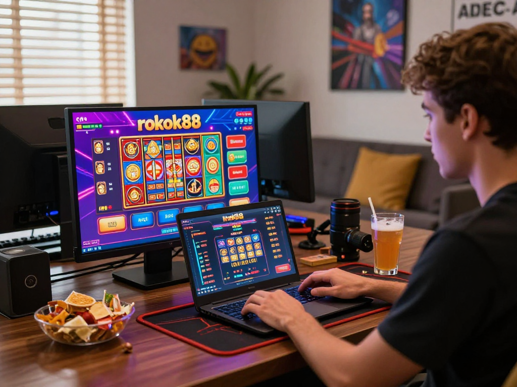 Person engaged in online gaming at rokok88, colorful graphics and snacks creating an inviting atmosphere.