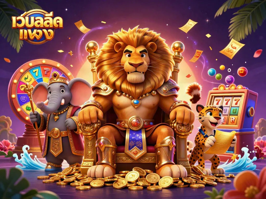 ภาพประกอบของเว็บสล็อตตรง แสดงถึงสิงโตนักรบ ราชาแห่งคาสิโนที่ประทับบนบัลลังก์ทอง