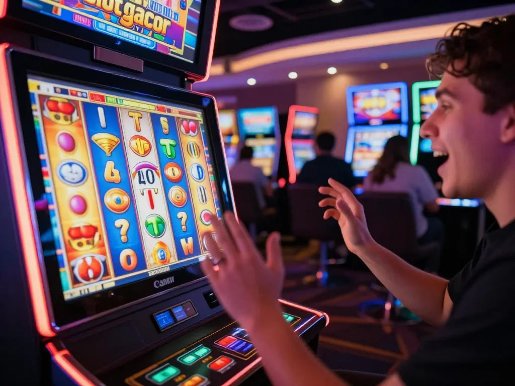 Player celebrating a big win on a slot gacor machine with colorful spinning reels.