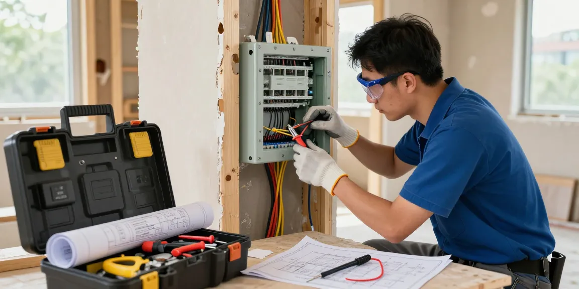 Experienced electrician performing crucial electrical services Hong Kong installation in a well-lit home environment with safety gear and tools.
