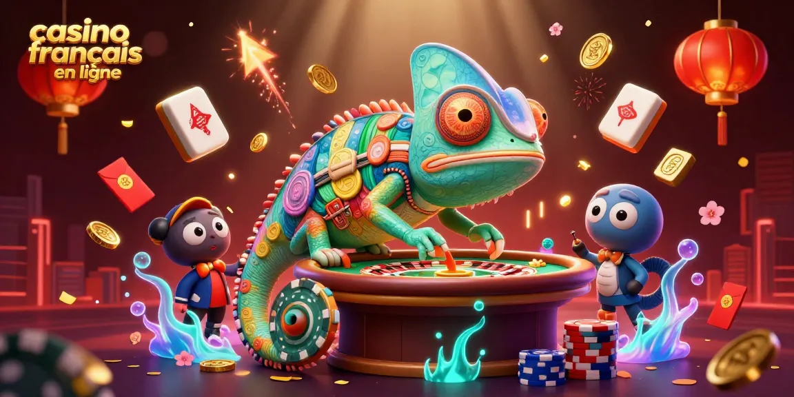 Découvrez le casino francais en ligne avec un caméléon joueur entouré de jetons et décors colorés.