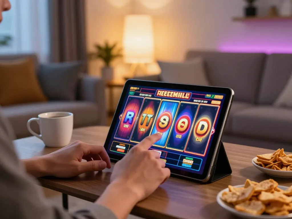 Engaging tablet gameplay on slot machines in a modern living room setting.