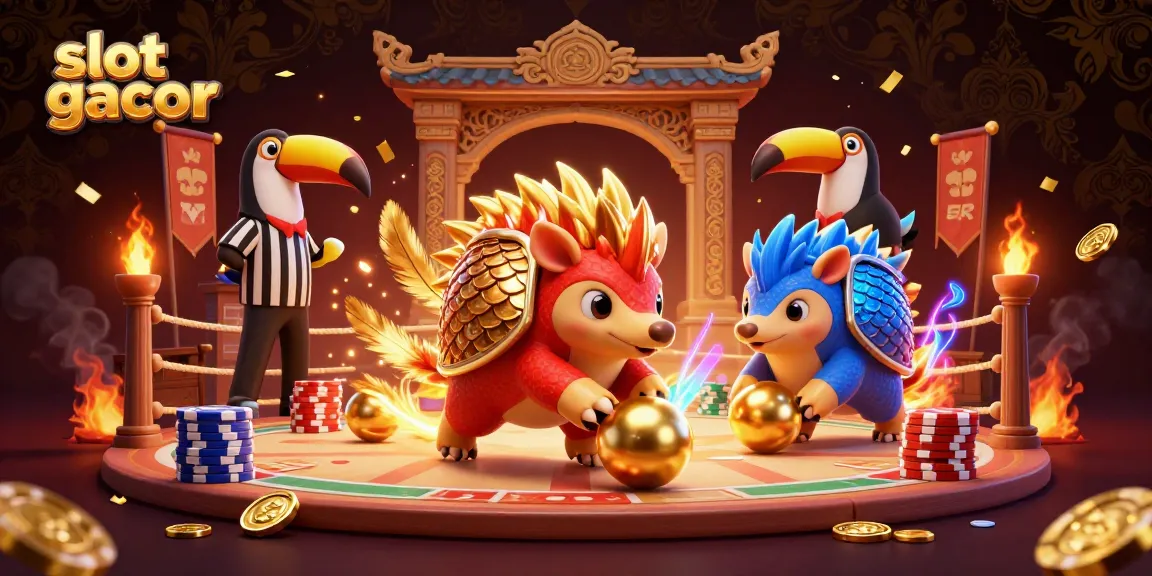 Experience slot gacor excitement with animated pangolins rolling through poker chips in a vibrant casino scene.