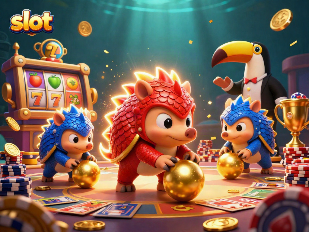 Slot illustration featuring dynamic pangolins amidst vibrant reels and poker chips.