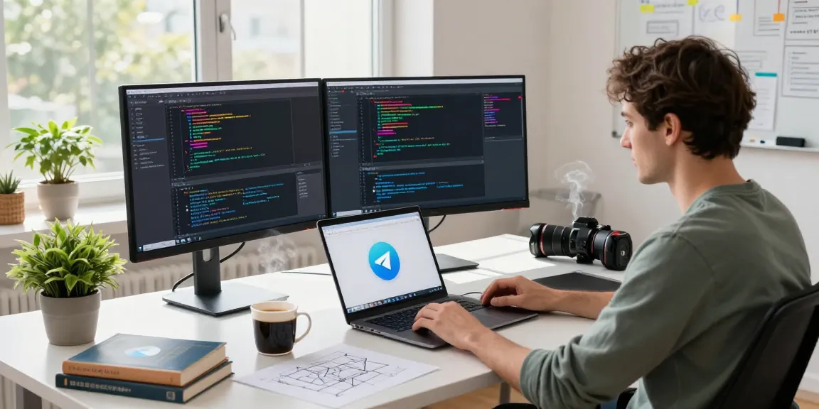 A developer using telegram官网 application in a vibrant tech workspace filled with monitors and programming tools.