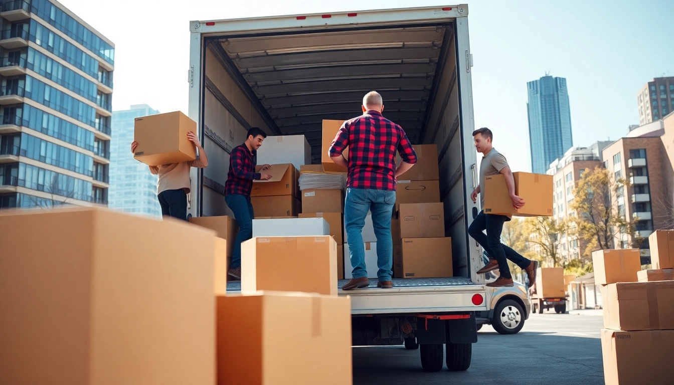 Efficient canadian movers loading boxes onto a truck in an urban setting.