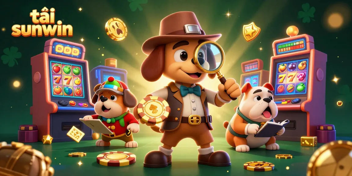 Engage with tải sunwin, showcasing a detective cartoon exploring poker clues among vibrant slot games.