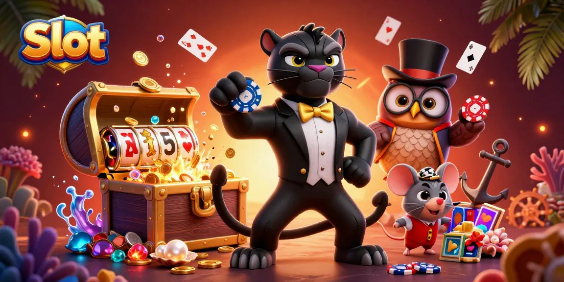 Spin the slot reels with excitement in a vibrant casino scene featuring playful characters and treasures.